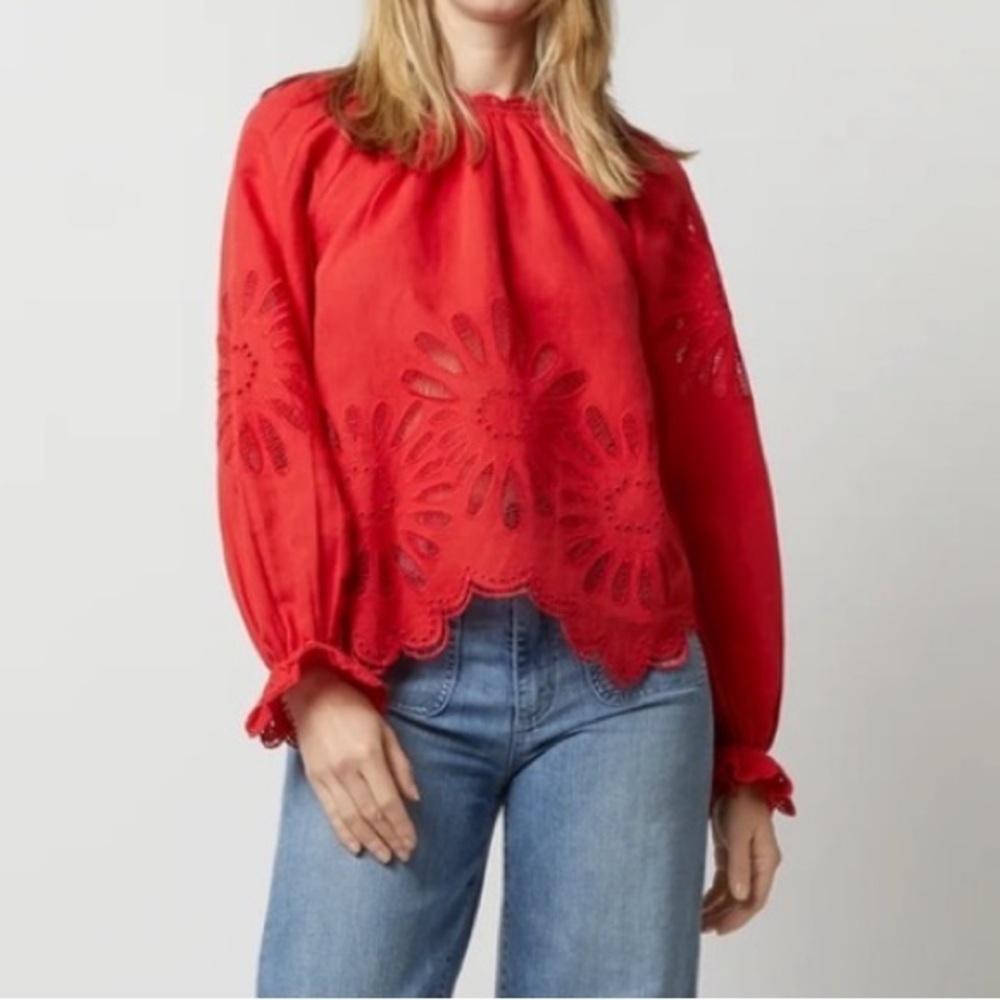NWT Ulla Johnson Louisa Eyelet Ruffle Linen Blend Top in Poppy.     22 - Picture 6 of 14